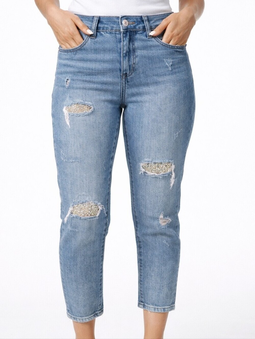 Juicy Couture Blue Ankle Cropped Jeans Distressed And Blinged Size 8